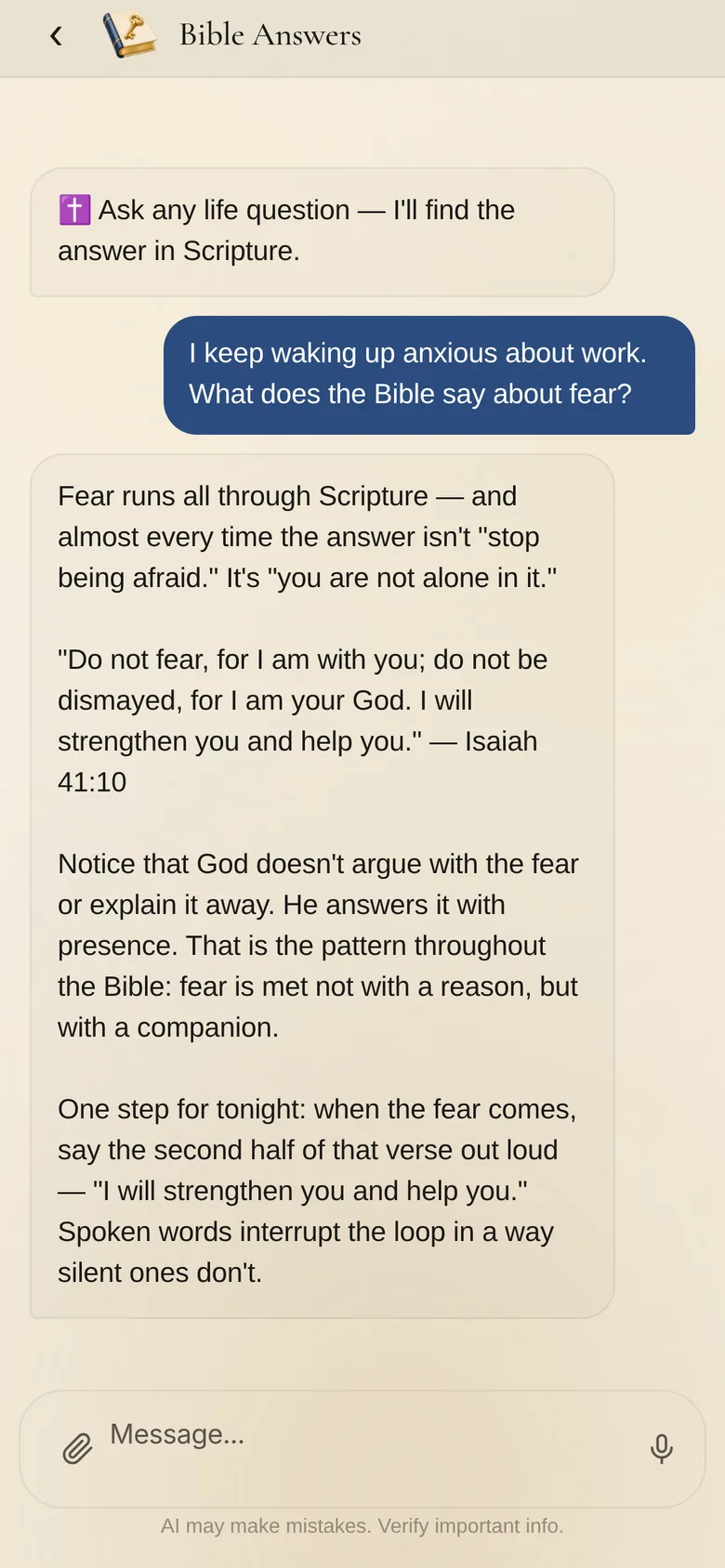 Chat answering a question about fear with a Bible verse