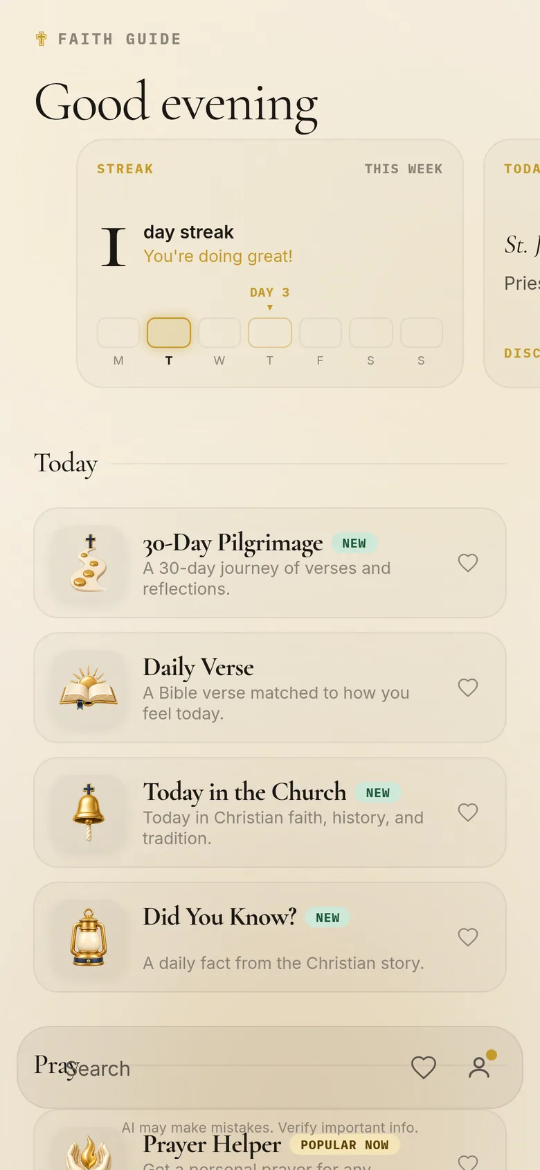 Faith Guide home screen with streak, saint of the day and modules