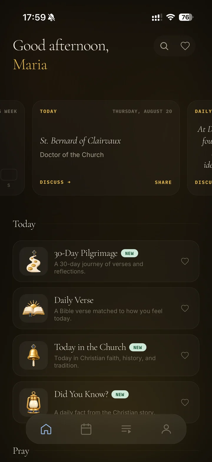 Home screen with the day's saint and what to do next