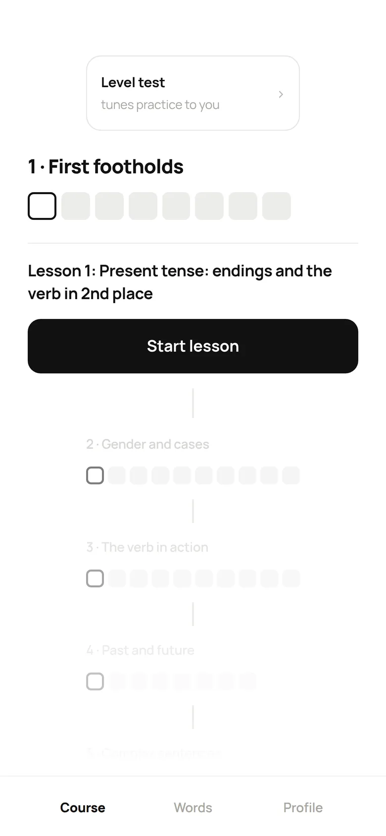 Lang Tutor course map with topics and lessons
