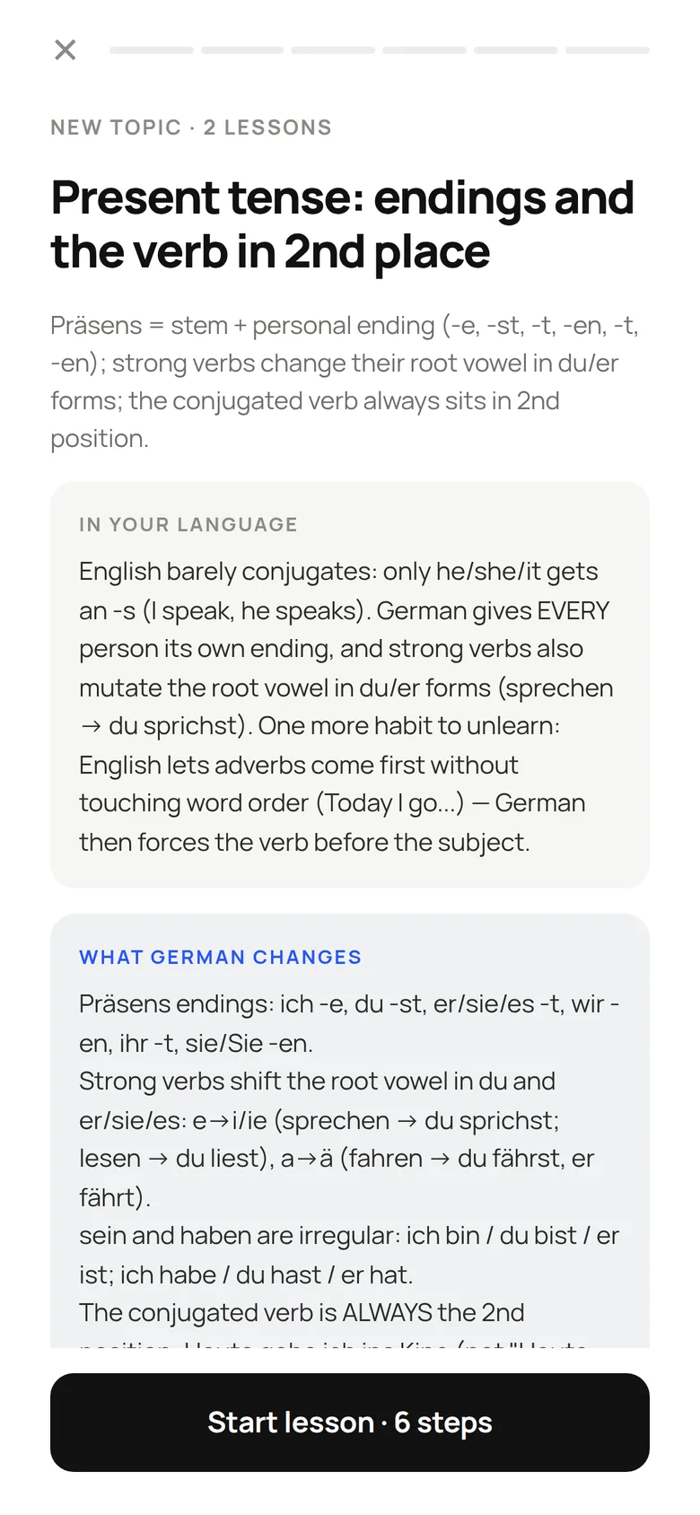 Lesson screen explaining German present tense against English