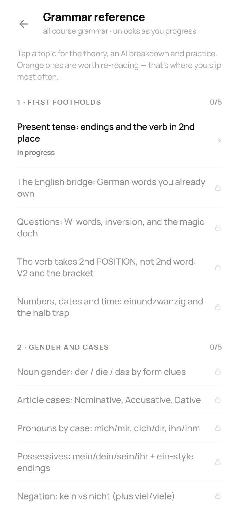 Grammar reference listing all course topics