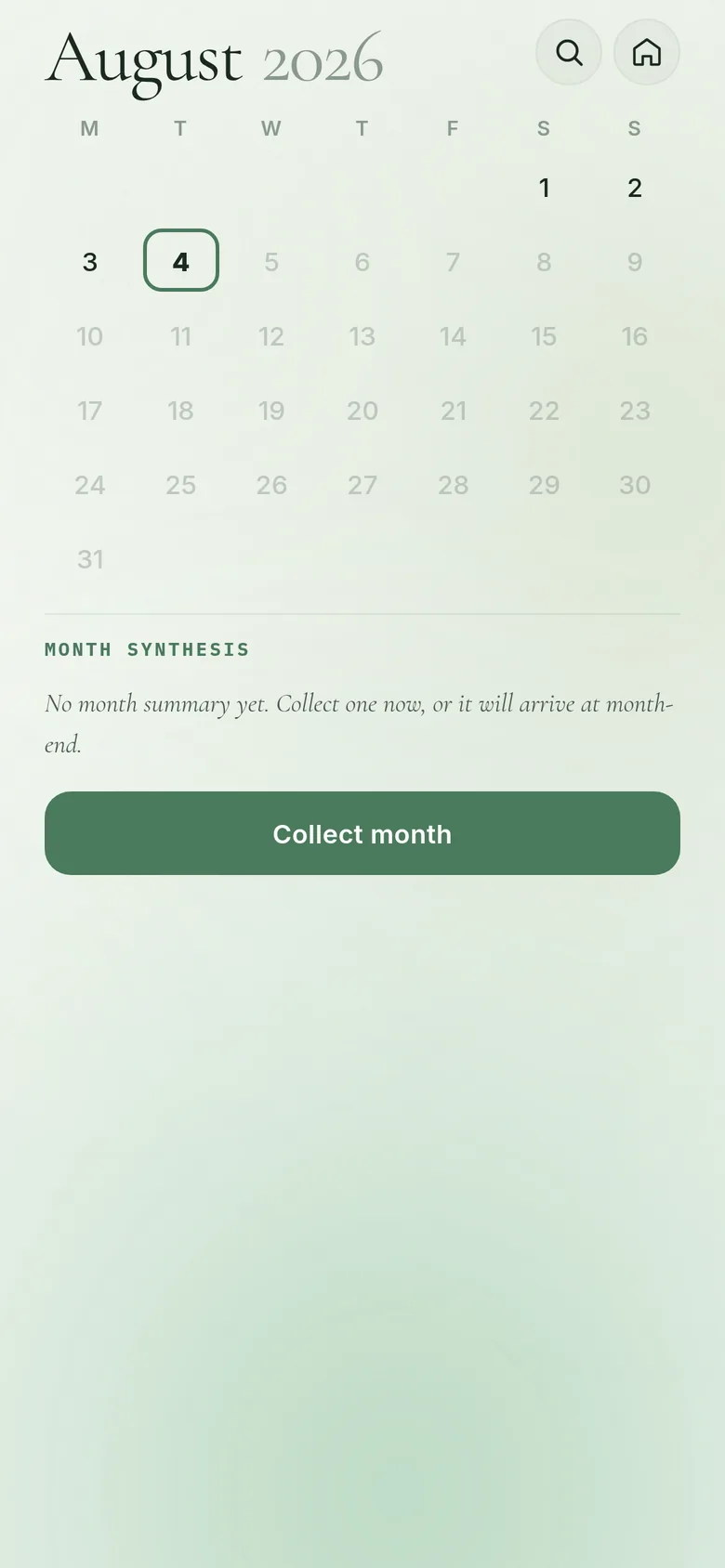 Monthly calendar view with a month synthesis action