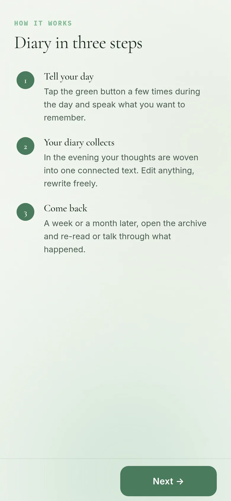 Onboarding explaining the three steps of the diary